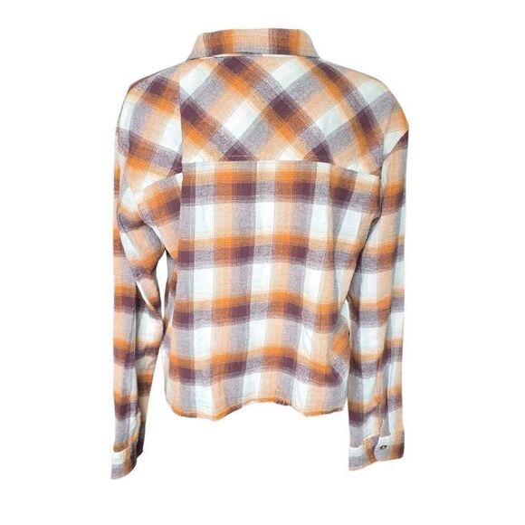 Thread & Supply Women's Sz Large Orange Burgundy Plaid Raw Hem Button Dn Flannel - Picture 2 of 6